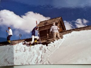 Pete “Sending” it off the roof of The Barn- with Geordie VanMarter and?